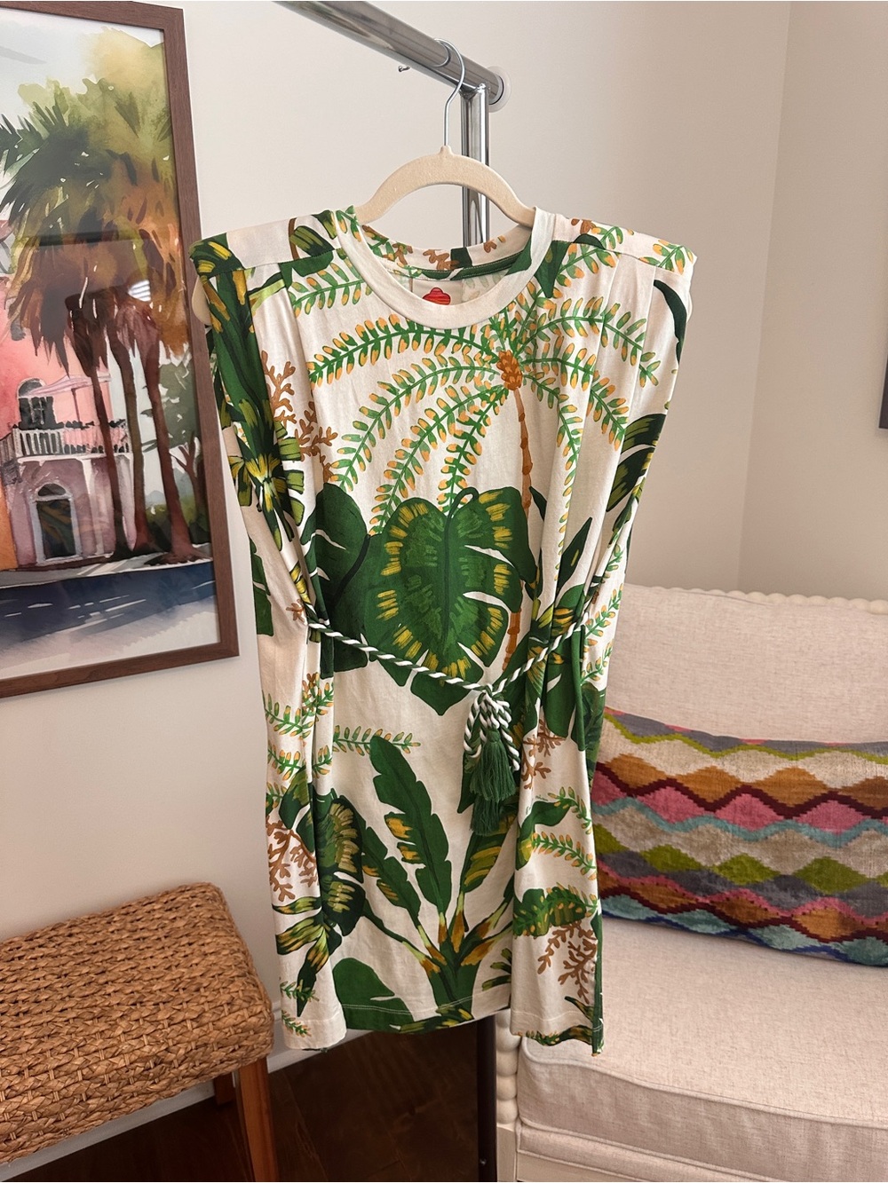 Farm Rio Sleeveless Tropical Leaf Tie-Waist Mini Dress - Green/White